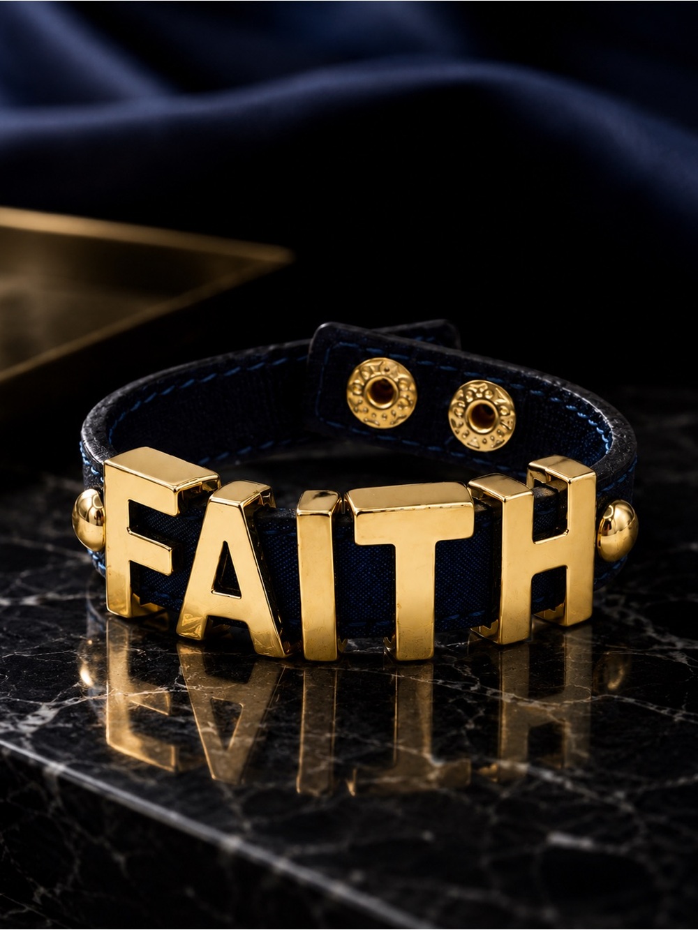 BCBGeneration FAITH Bracelet Gold Letters Navy Blue Faux Leather NWT - Picture 4 of 13